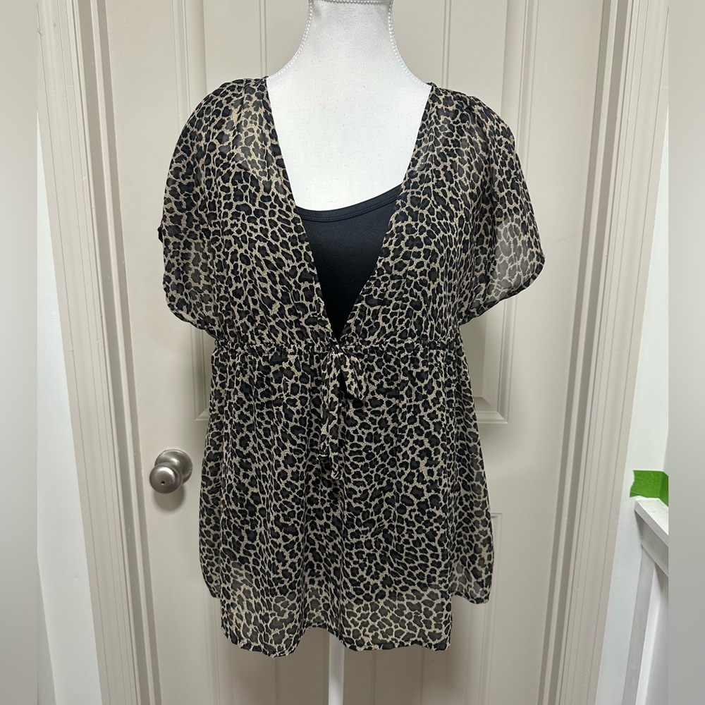 AGB Black and Tan Leopard Print Sheer Blouse